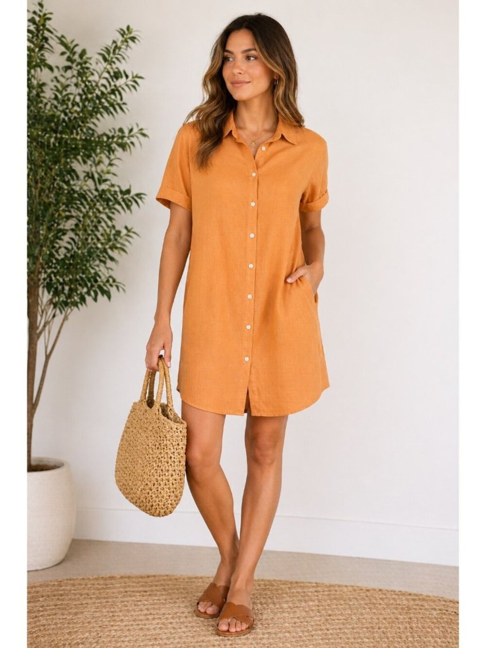 Black Tape Shirt Dress M Orange Linen Blend Button Front Minimalist 21x38